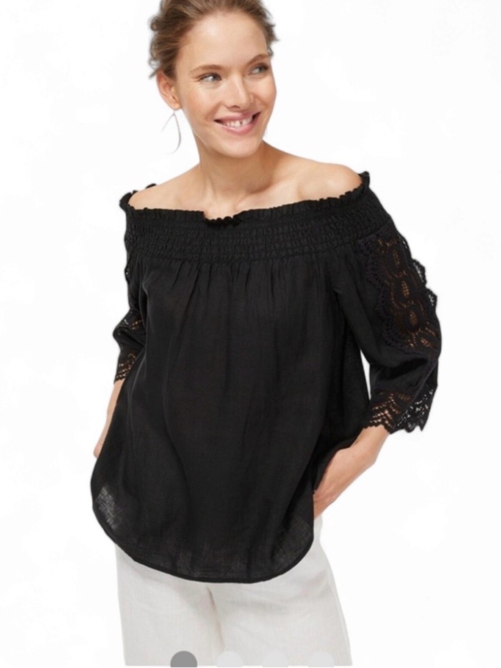 NWT Chico's Off-The-Shoulder Crochet Linen Top - Black - Size 1.5 (10) lagenlook